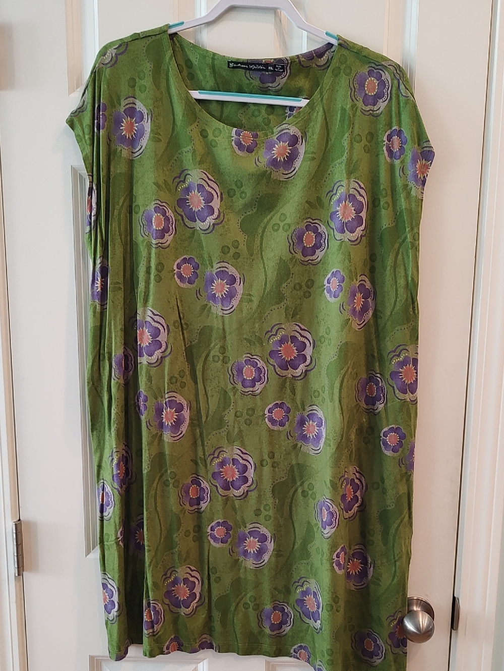 Gudrun Sjoden Green Floral Mini Dress with Purple Flowers